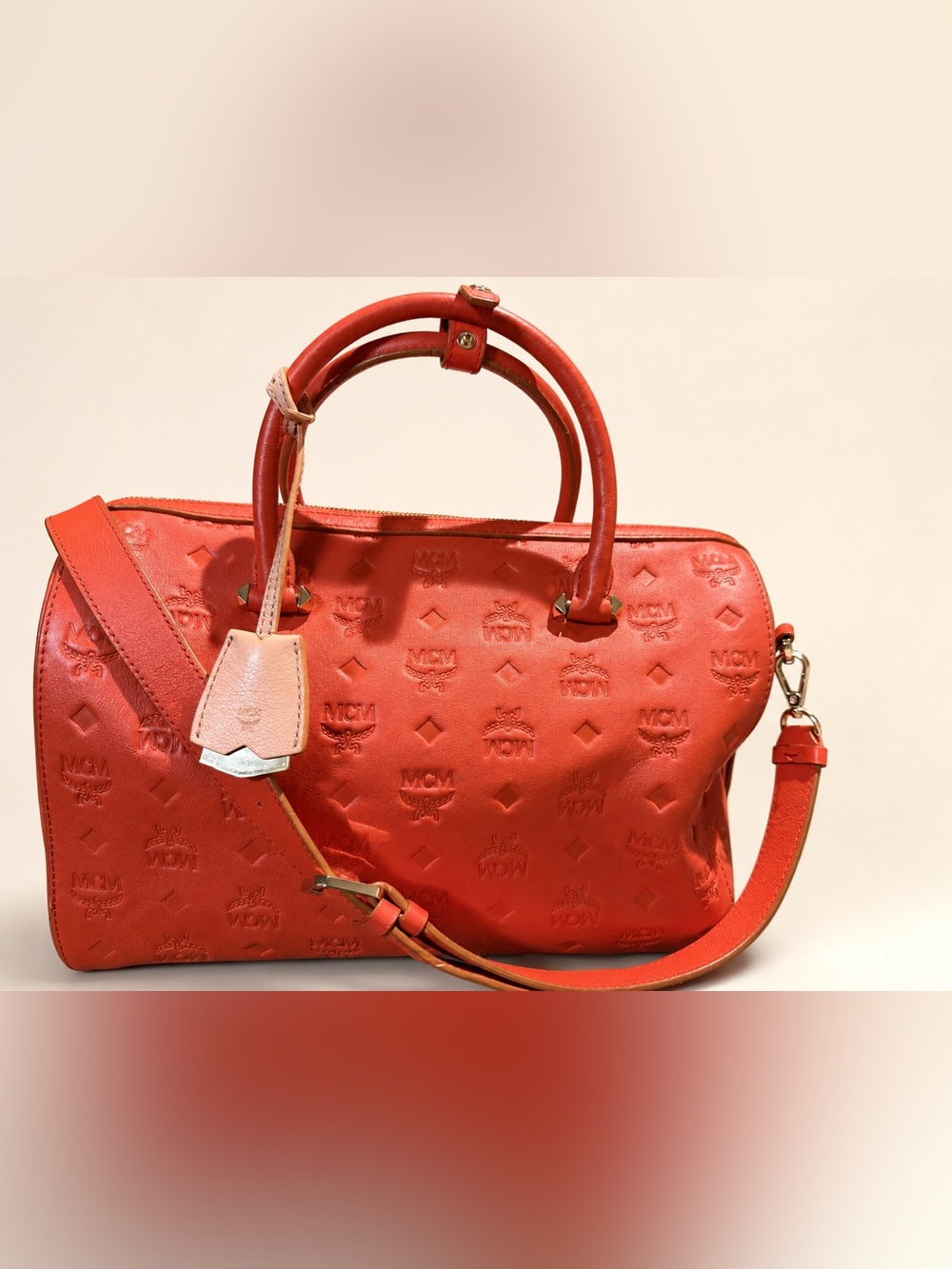 MCM Orange Embossed Leather Satchel with Pink Tag Accent
